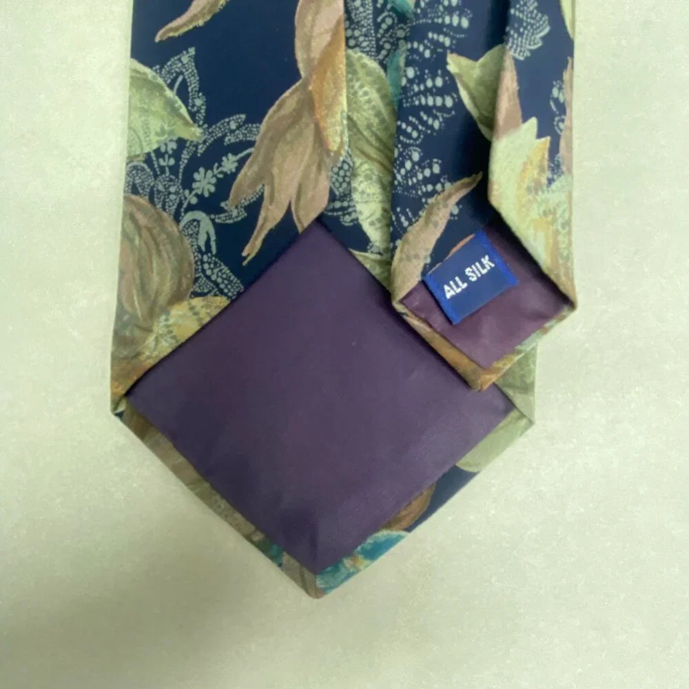 JT Beckett Silk Floral Tie Navy Blue With Green‎ & Brown Accents 59